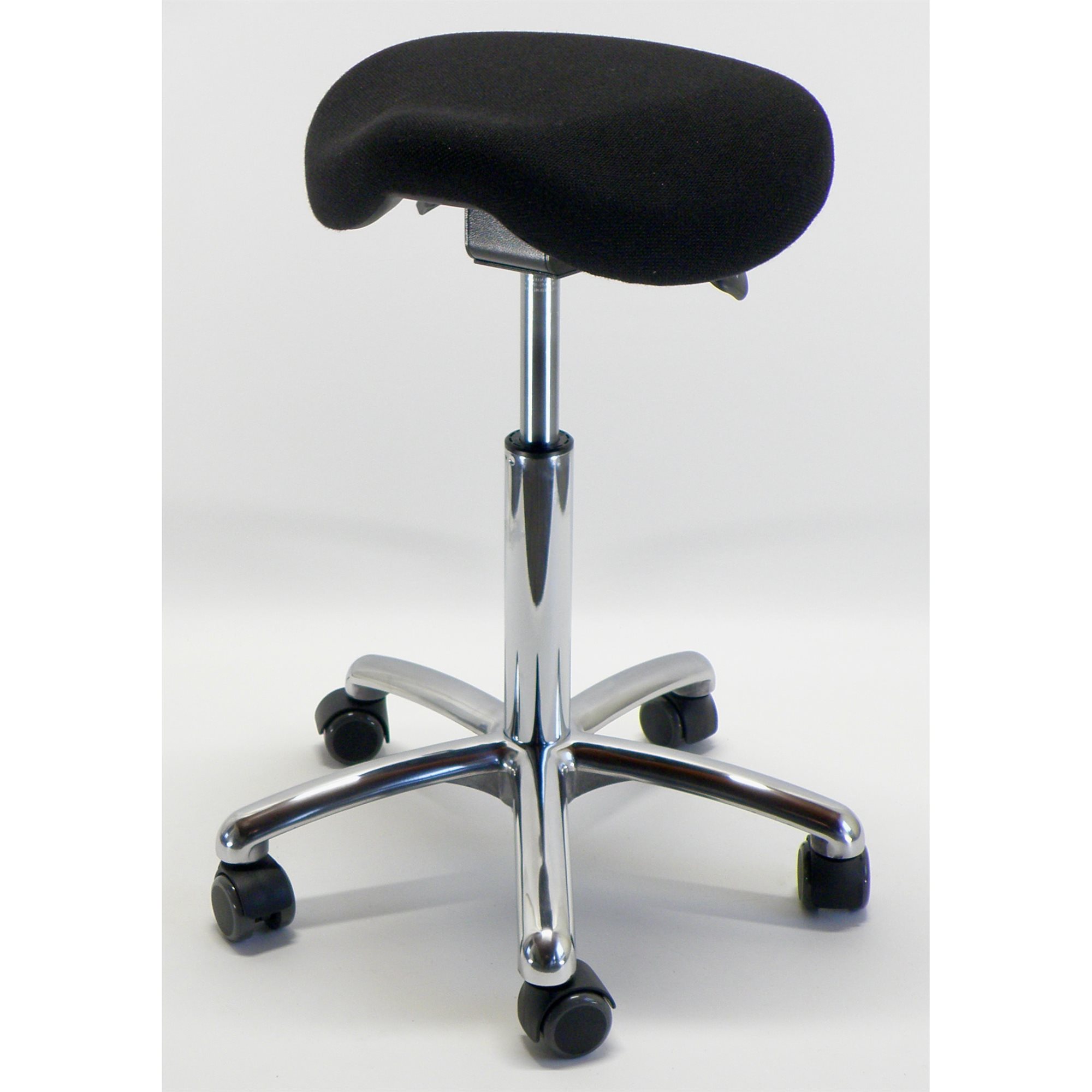 Jockey sadelstol med sort stof sæde.